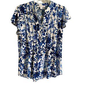 Juniper + Lime White Blue Floral Lace Up Short Sleeve Top Women's Small